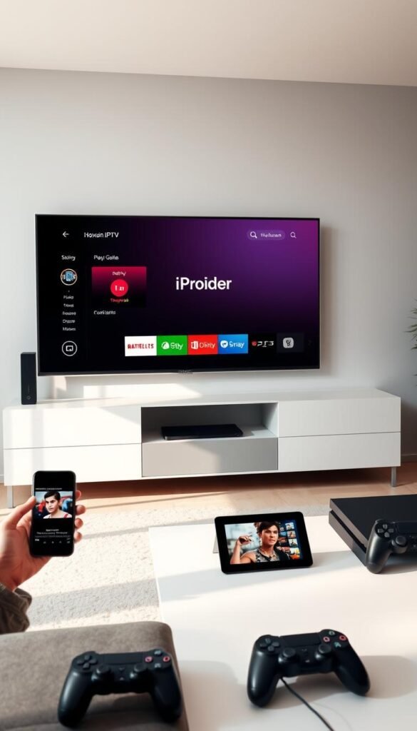 A modern, sleek living room setting with a large, high-definition television display prominently showcasing the Hoxtoon Provider IPTV service interface. The display is flanked by various compatible devices such as a smartphone, tablet, and gaming console, highlighting the multi-device compatibility. Soft, diffused lighting creates a warm, inviting atmosphere, and the room is decorated with minimalist, contemporary furnishings. The overall composition conveys the ease and versatility of accessing Hoxtoon Provider IPTV content across multiple devices.
