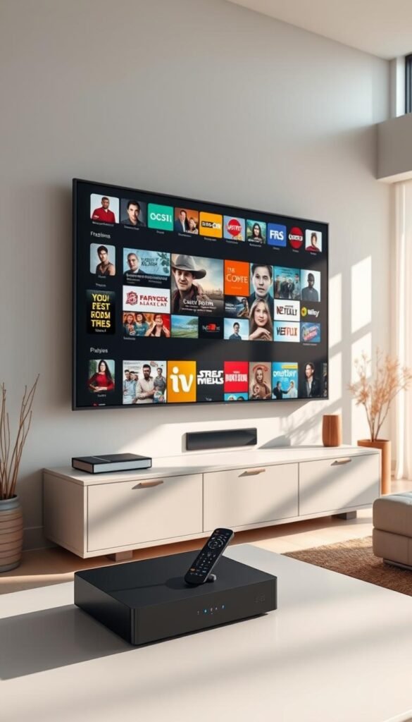 A modern, sleek living room with a large wall-mounted IPTV displaying a diverse array of content channels. In the foreground, a Hoxtoon Provider set-top box and remote control sit on a minimalist media console. Sunlight streams in through large windows, casting a warm glow on the scene. The room is decorated with neutral tones and natural elements, creating a cozy, inviting atmosphere. The IPTV showcases a visually striking user interface, highlighting Hoxtoon Provider's innovative multiroom capabilities. The overall composition conveys the future of seamless, immersive IPTV experiences.