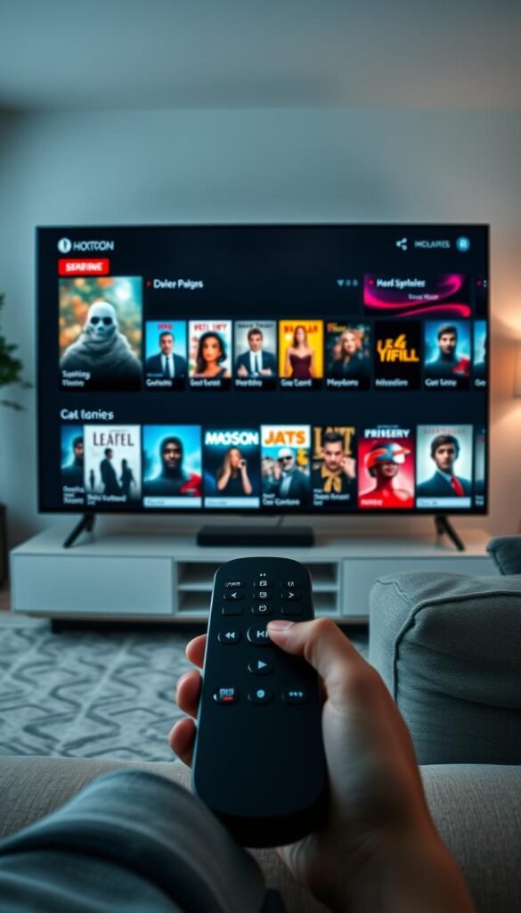 A modern, sleek media center interface showcasing the Hoxtoon Provider on-demand streaming service. In the foreground, a large 4K display presents a curated selection of the latest movies and TV shows, with crisp, high-quality visuals and a clean, minimalist design. The middle ground features a responsive touchscreen remote control, allowing seamless navigation through the expansive library of over 150,000 video-on-demand titles. In the background, a softly-lit, contemporary living room setting provides a cozy, immersive atmosphere for the ultimate streaming experience.