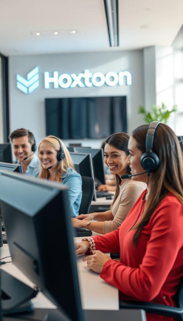 A modern, sleek office interior with a team of Hoxtoon Provider customer support representatives assisting clients over video calls. The room is well-lit with natural light filtering through large windows, creating a warm and professional atmosphere. The support agents are seated at desks, wearing headsets and using state-of-the-art computers and communication equipment. In the background, the Hoxtoon Provider logo is prominently displayed on the wall, conveying a sense of reliability and expertise. The agents' expressions are friendly and attentive, reflecting a commitment to providing exceptional customer service.