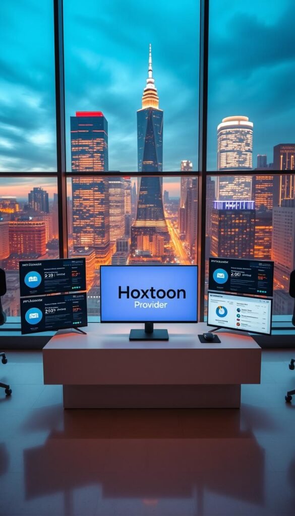 A modern, sleek office interior with large windows overlooking a bustling city skyline. In the center, the "Hoxtoon Provider" logo is prominently displayed on a stylish, minimalist workstation. Surrounding the workstation are various digital screens showcasing IPTV service details, customer reviews, and analytics dashboards. The lighting is warm and inviting, with subtle backlighting illuminating the space. The camera angle is slightly elevated, capturing the dynamic energy of the workspace. The overall mood conveys professionalism, innovation, and a commitment to delivering a premium IPTV experience.