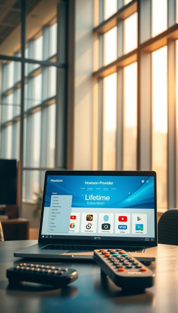 A modern, sleek office setting with a laptop screen displaying the "Hoxtoon Provider" brand prominently. On the laptop, a visually appealing interface showcases various IPTV service options, highlighting the "Lifetime" subscription. The scene is bathed in warm, natural lighting filtering through large windows, creating a professional and trustworthy atmosphere. In the foreground, a stylized remote control and a mobile device hint at the accessibility and versatility of the IPTV services. The overall composition conveys a sense of reliability, convenience, and a comprehensive suite of lifetime IPTV offerings.