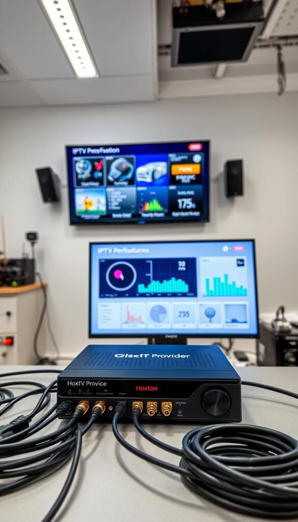 A modern, sleek setup for IPTV testing. In the foreground, a Hoxtoon Provider set-top box with various cables and connectors. In the middle ground, a high-resolution display showcasing IPTV service features and performance metrics. The background features a minimalist, well-lit office space with technical equipment and tools, conveying a professional, methodical atmosphere. Crisp, clean lighting illuminates the scene, with a focus on showcasing the Hoxtoon Provider device and the IPTV testing process in detail.
