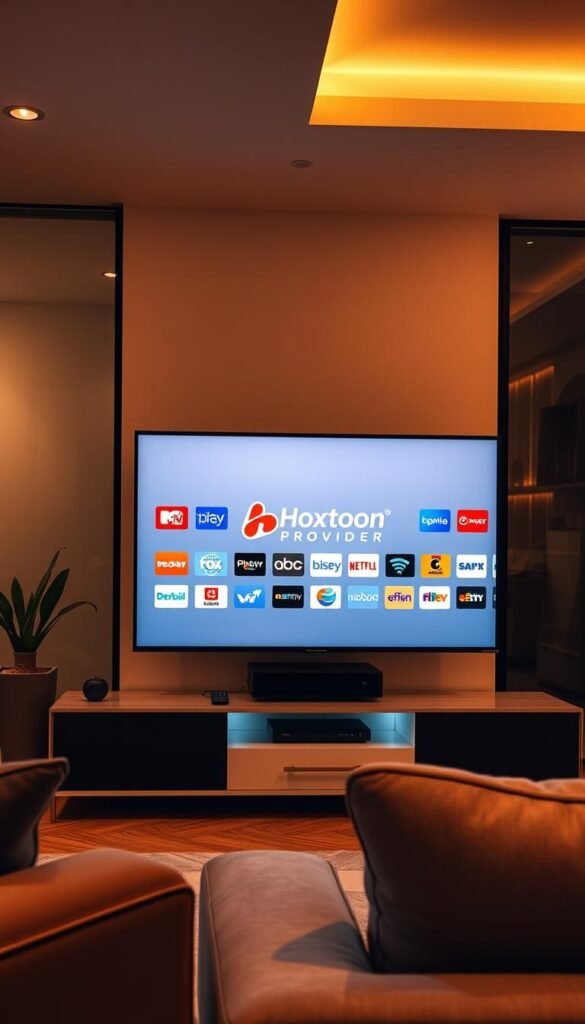A modern, stylish interior with a large flat-screen TV prominently displaying the Hoxtoon Provider logo and an array of premium IPTV channel logos. The room is bathed in warm, soft lighting, creating a cozy, inviting atmosphere. In the foreground, a sleek, minimalist entertainment center houses the IPTV set-top box, remote controls, and other media devices. The middle ground features comfortable seating, perhaps a plush sofa or armchair, inviting the viewer to relax and enjoy the content. The background showcases large windows or a stylized wall, providing a sense of depth and sophistication. The overall composition conveys the high-quality, curated content library of the Hoxtoon Provider IPTV service.