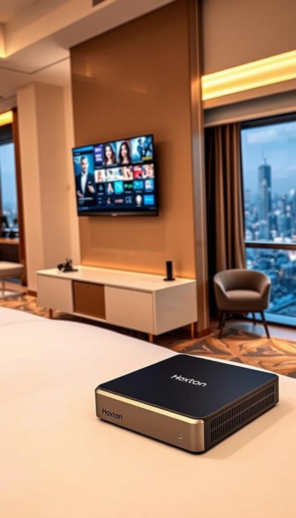 A modern, well-appointed hotel room with a sophisticated IPTV system prominently displayed on a sleek, minimalist entertainment unit. The screen shows a seamless, high-definition display of various entertainment options, including movies, TV shows, and live channels. The room is bathed in warm, ambient lighting, creating a cozy and inviting atmosphere. In the foreground, a Hoxtoon Provider IPTV set-top box sits neatly on the unit, its clean design and subtle branding blending harmoniously with the room's decor. The middle ground features stylish, contemporary furniture, while the background showcases a panoramic view of a bustling city skyline through large, floor-to-ceiling windows.