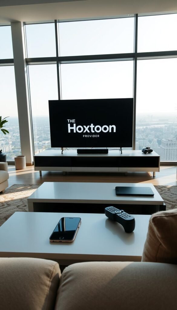 A modern, well-designed living room with a large flat-screen TV displaying the Hoxtoon Provider logo. The room is filled with natural light, with large windows overlooking a scenic cityscape. On a sleek, minimalist coffee table, a smartphone and a remote control are placed, suggesting the ease of use and reliability of the Hoxtoon IPTV service. The room has a cozy, inviting atmosphere, with plush furniture and warm, neutral tones, conveying a sense of trust and dependability in the IPTV provider.