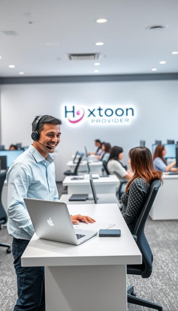 A modern, well-equipped IPTV customer support office. In the foreground, a friendly customer service representative in a crisp button-down shirt and headset assists a customer at a sleek, minimalist desk, laptop open and ready. The middle ground features rows of workstations occupied by other support staff, all focused on providing excellent service. The background showcases the Hoxtoon Provider brand's distinctive logo and color scheme, conveying a sense of professionalism and reliability. Soft, indirect lighting creates a calm, efficient atmosphere, while strategic camera angles capture the hustle and bustle of the bustling support center.