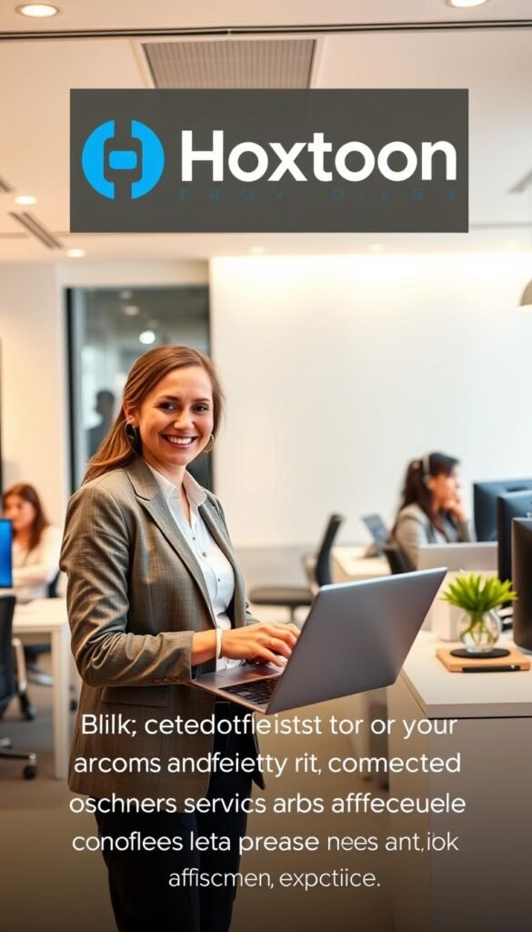 A modern, well-lit customer service office with the Hoxtoon Provider logo prominently displayed. In the foreground, a friendly customer service agent in a smart casual outfit assists a customer with a laptop, discussing IPTV-related issues. The middle ground features other agents at their desks, focused on their work, creating a bustling atmosphere. The background showcases sleek, minimalist furniture and decor, conveying a professional and efficient customer support experience. The lighting is warm and inviting, and the overall scene exudes a sense of trust, reliability, and a commitment to providing premium IPTV customer service.