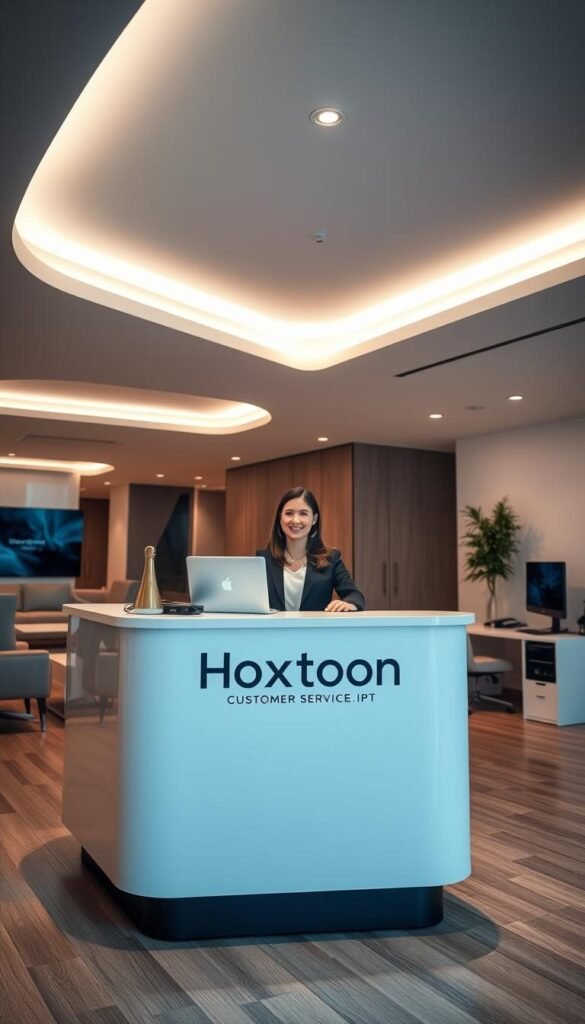 A modern, well-lit office interior with a dedicated IPTV customer service desk. The desk is manned by a friendly, attentive Hoxtoon Provider customer support agent dressed in a smart, professional outfit, ready to assist customers with their IPTV inquiries. In the background, a clean, minimalist workspace with stylish furnishings and equipment, conveying a sense of efficiency and competence. Soft, directional lighting from overhead illuminates the scene, creating a warm, inviting atmosphere. The overall impression is one of a reliable, customer-focused IPTV service provider committed to delivering a positive user experience.