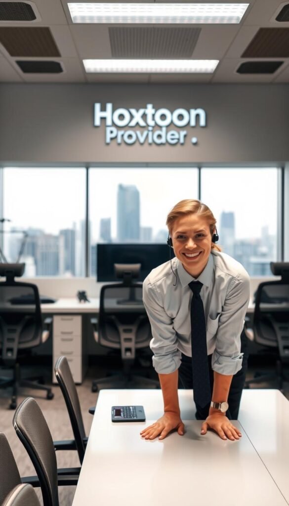 A modern, well-lit office interior with a large desk and comfortable ergonomic chairs. Behind the desk, a stylized "Hoxtoon Provider" logo is prominently displayed on the wall. In the foreground, a customer service representative, dressed in a crisp button-down shirt and tie, is leaning forward with a warm, attentive expression, ready to assist a customer. The lighting is soft and diffused, creating a professional yet approachable atmosphere. The background features a large window overlooking a bustling city skyline, conveying a sense of efficiency and responsiveness. The overall scene suggests a dedication to excellence in customer support.