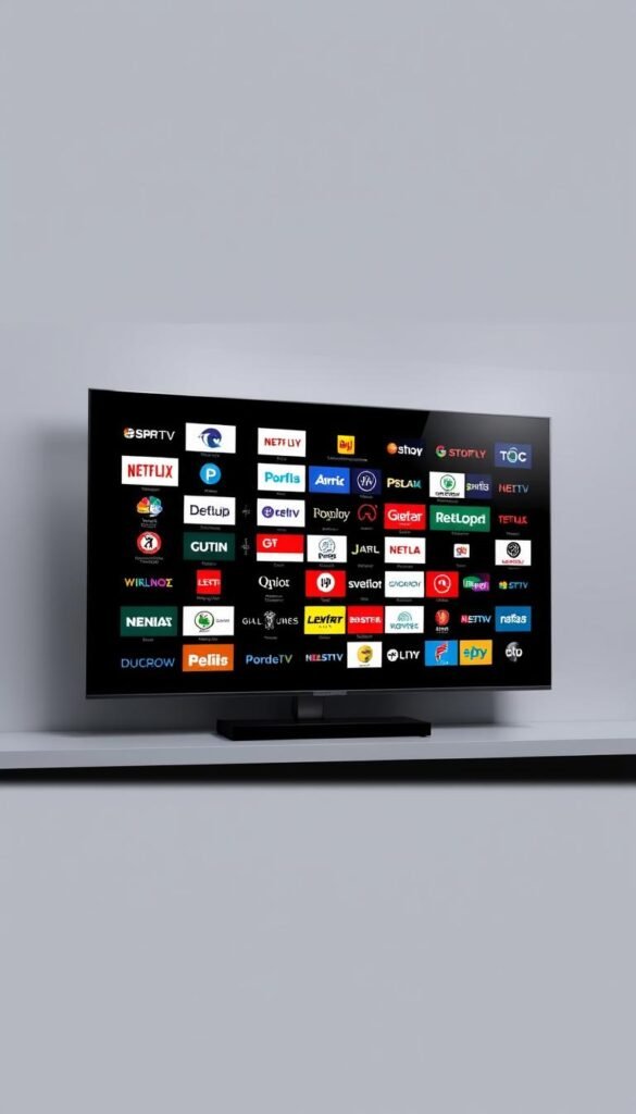 A neatly arranged array of IPTV channels on a sleek, modern TV screen, showcasing the extensive lineup of the Hoxtoon Provider. The channels are displayed in a grid, each with a clear and vibrant logo, conveying the breadth and quality of the Hoxtoon service. The screen is set against a minimalist, monochromatic background, with subtle lighting and a clean, professional aesthetic. The overall composition evokes a sense of sophistication and technological prowess, highlighting the premium nature of the Hoxtoon IPTV offering.