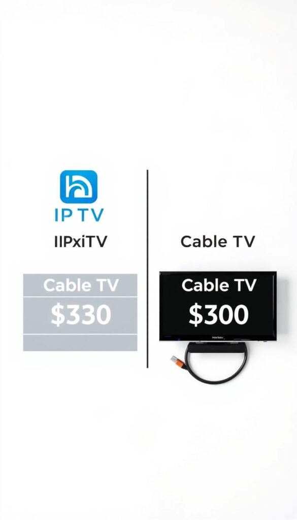 A neatly arranged data visualization on a clean white background, showcasing a side-by-side comparison of the monthly costs for IPTV and Cable TV subscriptions. The IPTV service is represented by the "Hoxtoon Provider" brand, with a sleek, modern icon. The Cable TV option is depicted through classic cable boxes and wires. The visualization uses clear, readable typography and bold, contrasting colors to highlight the cost differences between the two services. The layout is balanced and professional, inviting the viewer to easily digest and understand the comparative pricing information.