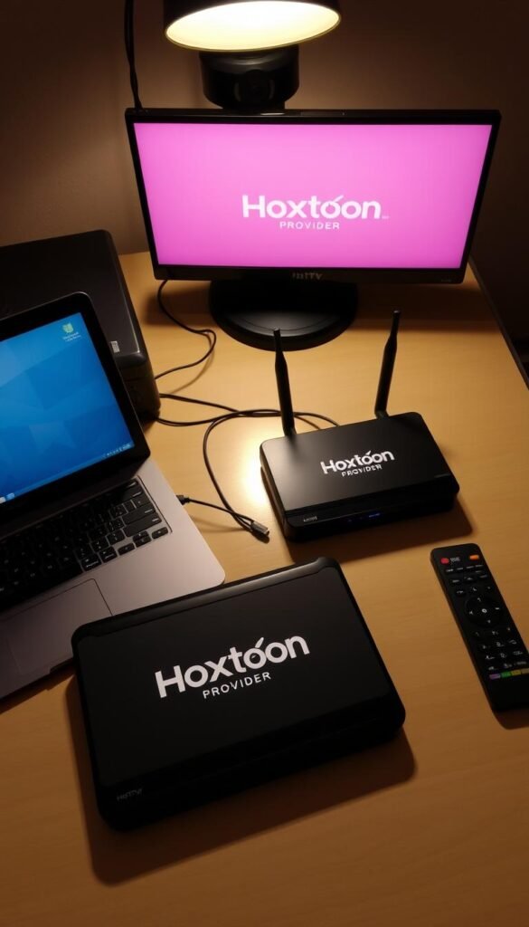 A neatly arranged desk with a laptop, remote control, and various IPTV-related devices like a router and set-top box. The Hoxtoon Provider logo is prominently displayed on the devices. The scene is lit by a warm, focused light, casting subtle shadows and highlighting the details. The angle is slightly elevated, giving a clear view of the setup. The overall mood is one of professionalism and functionality, showcasing the ease of setting up the Hoxtoon IPTV service.