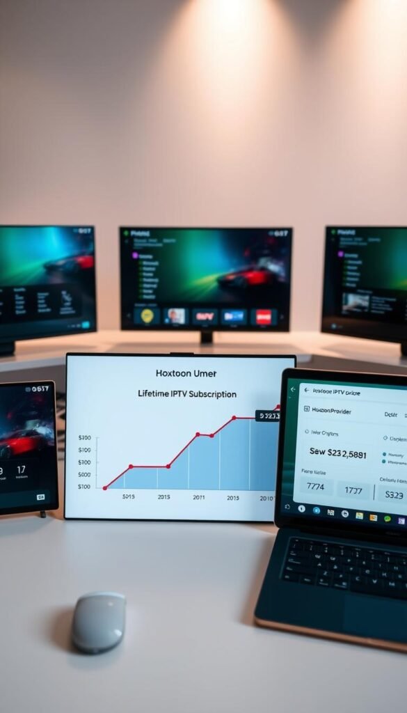 A neatly arranged desktop showcasing the Hoxtoon Provider lifetime IPTV subscription plans. The foreground features various digital devices displaying the service's sleek and intuitive user interface, highlighting its key features and pricing options. The middle ground depicts a stylized graph or chart detailing the cost breakdown for the lifetime subscription, presented in a clean and visually appealing manner. The background subtly suggests a modern, tech-savvy atmosphere with soft lighting and minimalist decor, creating an overall professional and trustworthy impression for the Hoxtoon Provider brand.