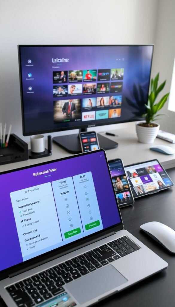 A neatly arranged desktop showcasing the Hoxtoon Provider's IPTV subscription plans. In the foreground, a laptop displays the pricing options, with clear pricing tiers, features, and a prominent "Subscribe Now" button. In the middle ground, a smartphone and tablet display various international channels and HD content. The background features a clean, minimalist workspace with a large monitor, office supplies, and a potted plant, creating a professional and modern atmosphere. The lighting is soft and natural, highlighting the sleek, premium design of the devices. The overall scene conveys a sense of value, quality, and ease of access to a wide range of IPTV content.