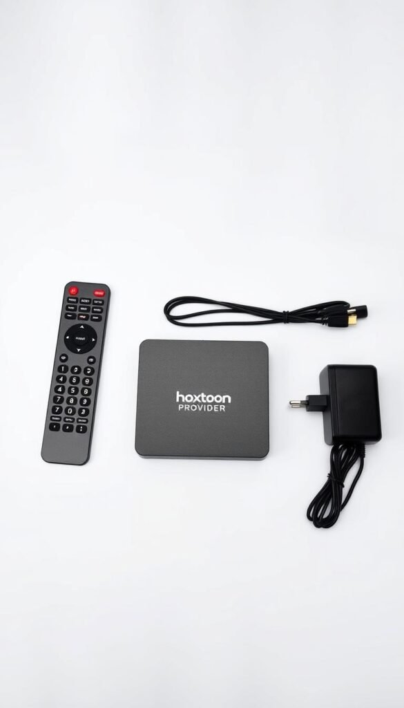 A neatly arranged display of Hoxtoon Provider MAG box accessories, including a wireless remote control, HDMI cable, and power adapter, all showcased against a clean, minimalist background with soft, even lighting, conveying a sense of sophistication and functionality for the modern home entertainment setup.