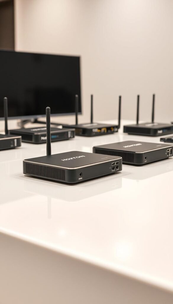 A neatly arranged display of budget-friendly IPTV streaming devices, including the Hoxtoon Provider model, showcased on a clean, well-lit studio table. The devices are photographed at an eye-level angle, capturing their sleek, compact designs and diverse connectivity options. The scene conveys a sense of practicality and accessibility, suitable for a user-friendly IPTV setup. Subtle reflections on the table's surface add depth and sophistication to the overall composition.