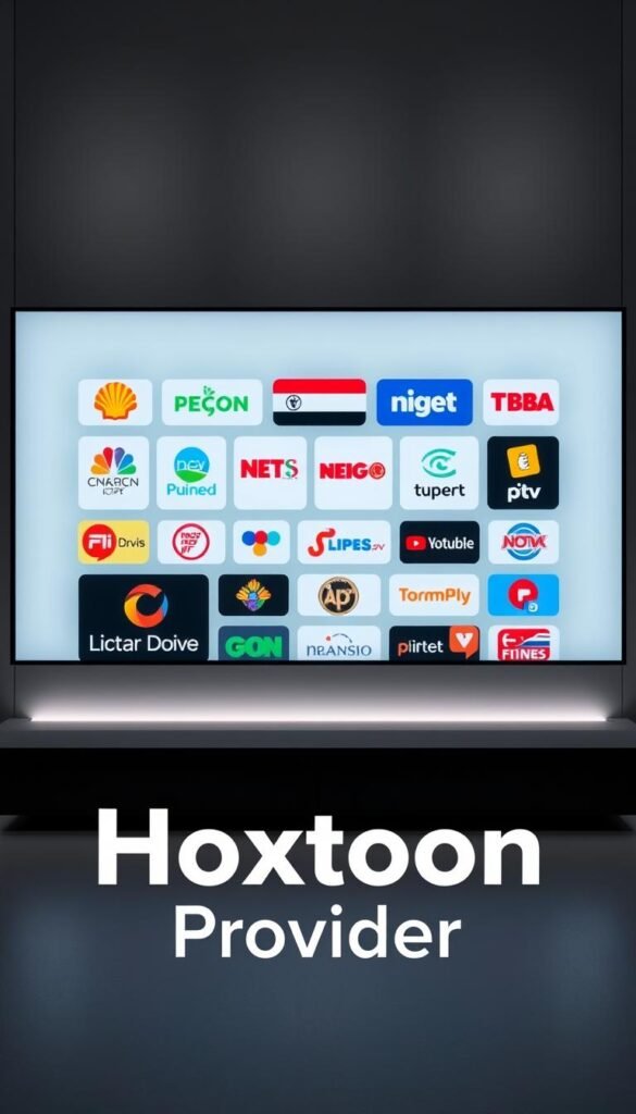 A neatly arranged display of various Dutch IPTV channel logos, showcased against a sleek, minimalist background. The channels are presented in a grid layout, each logo distinct and vibrant, conveying the diverse range of entertainment options available. In the foreground, the prominent "Hoxtoon Provider" brand name stands out, emphasizing the reliability and quality of this IPTV service. The scene is illuminated by soft, directional lighting, creating a sense of professionalism and sophistication. The overall composition is clean, well-balanced, and designed to highlight the key aspects of the Dutch IPTV landscape.