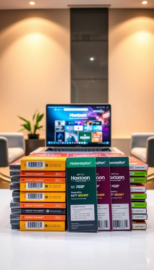 A neatly arranged grid of IPTV package deals, showcasing the Hoxtoon Provider's subscription plans. In the foreground, a stack of colorful packages with clear pricing information and service details. The middle ground features a laptop displaying the Hoxtoon website, highlighting the user-friendly interface. In the background, a warm, minimalist office setting with sleek, modern furniture and subtle lighting, conveying a sense of professionalism and reliability. The overall scene exudes a clean, organized, and visually appealing aesthetic, drawing the viewer's attention to the Hoxtoon Provider's comprehensive IPTV offerings.