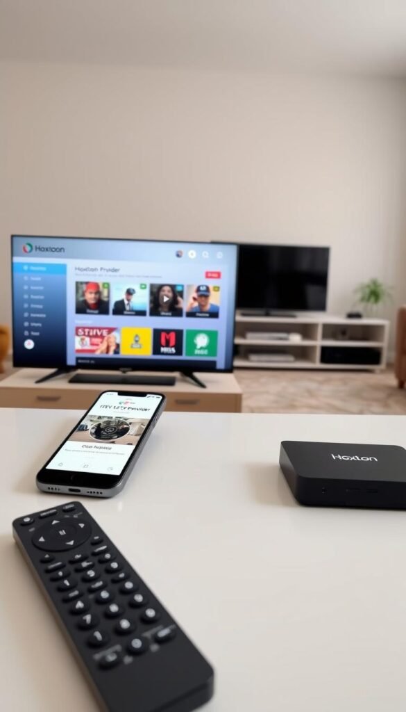 A neatly arranged setup of an IPTV service, showcasing the Hoxtoon Provider interface on a laptop screen. In the foreground, a remote control and a smartphone with the IPTV app open, highlighting the seamless integration of devices. The middle ground features a clean, minimalist home entertainment setup, with a smart TV and a sleek media box. The background showcases a cozy, well-lit living room, creating a sense of comfort and practicality. The overall scene conveys the ease and convenience of setting up an IPTV service to enjoy live Italian TV channels.