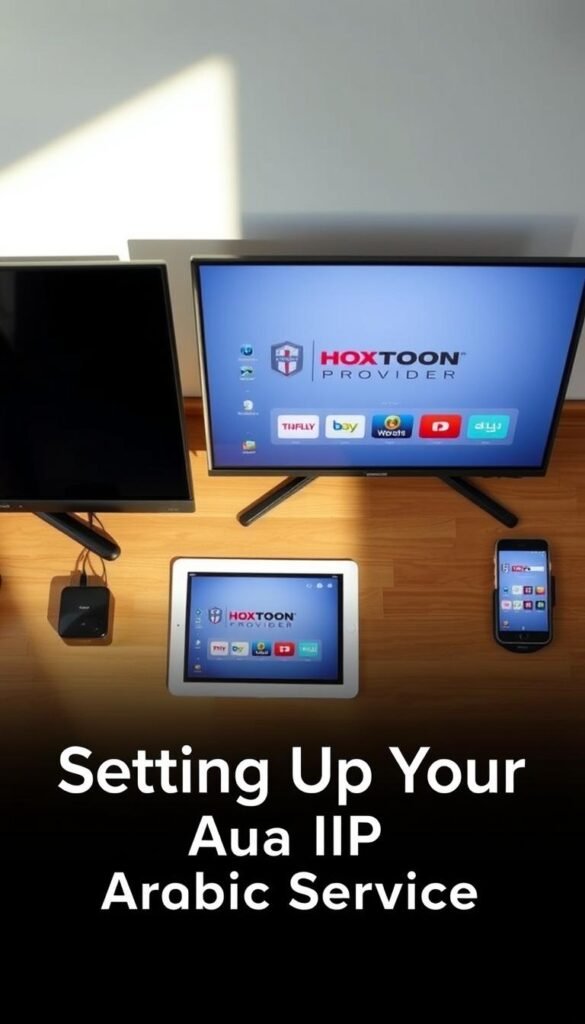 A neatly arranged setup of multiple electronic devices, including a smart TV, a tablet, and a smartphone, showcasing the Hoxtoon Provider Arabic IPTV service. The devices are displayed on a wooden surface, with a clean and minimalist aesthetic. Soft, natural lighting illuminates the scene, creating a warm and inviting atmosphere. The layout emphasizes the seamless integration of the IPTV service across various platforms, highlighting its versatility and user-friendly interface. The image conveys a sense of technological sophistication and convenience, perfectly capturing the essence of the "Setting Up Your Arabic IPTV Service Across Devices" section.