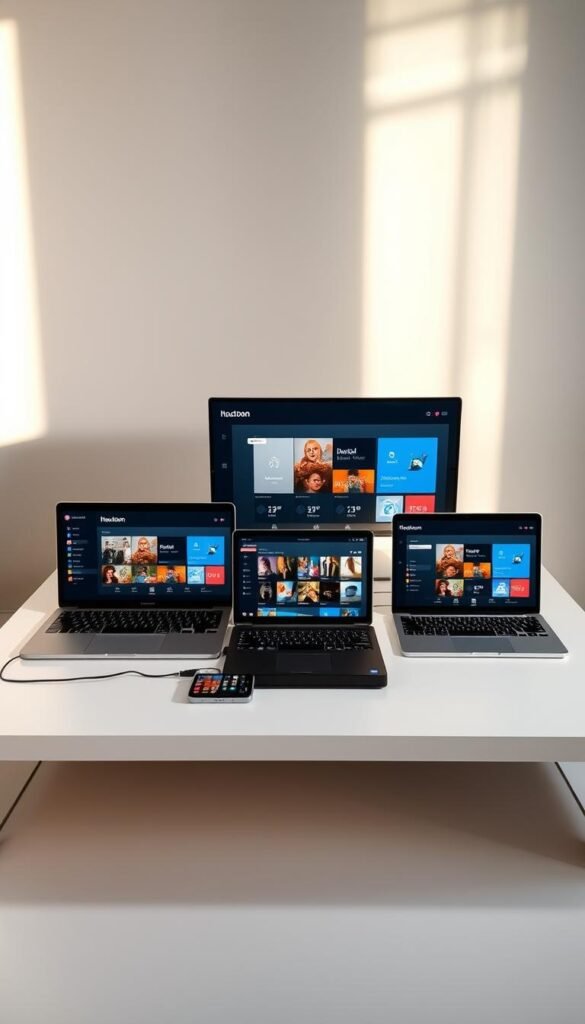 A neatly arranged setup of various devices, including a smart TV, a laptop, a tablet, and a smartphone, all connected to a Hoxtoon IPTV service. The devices are displayed on a sleek, minimalist table, with clean lines and a neutral color scheme. Soft, directional lighting from the side creates a warm, inviting atmosphere, highlighting the intuitive and user-friendly interface on the screens. The arrangement showcases the versatility and accessibility of the Hoxtoon IPTV service, allowing users to seamlessly access their content on multiple devices. The overall scene conveys a sense of simplicity, technology, and connectivity.