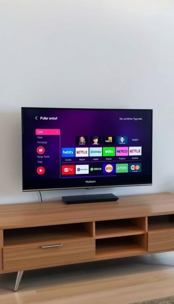 A neatly arranged smart TV screen displaying the Hoxtoon Provider IPTV service interface. The TV sits on a clean, minimalist wooden entertainment unit, with a modern, well-lit living room visible in the background. The interface shows a grid of popular channels and a simple, user-friendly menu, conveying the ease of setting up and navigating the Hoxtoon IPTV service. The scene exudes a sense of simplicity and practicality, reflecting the "no commitment required" ethos of the IPTV service.