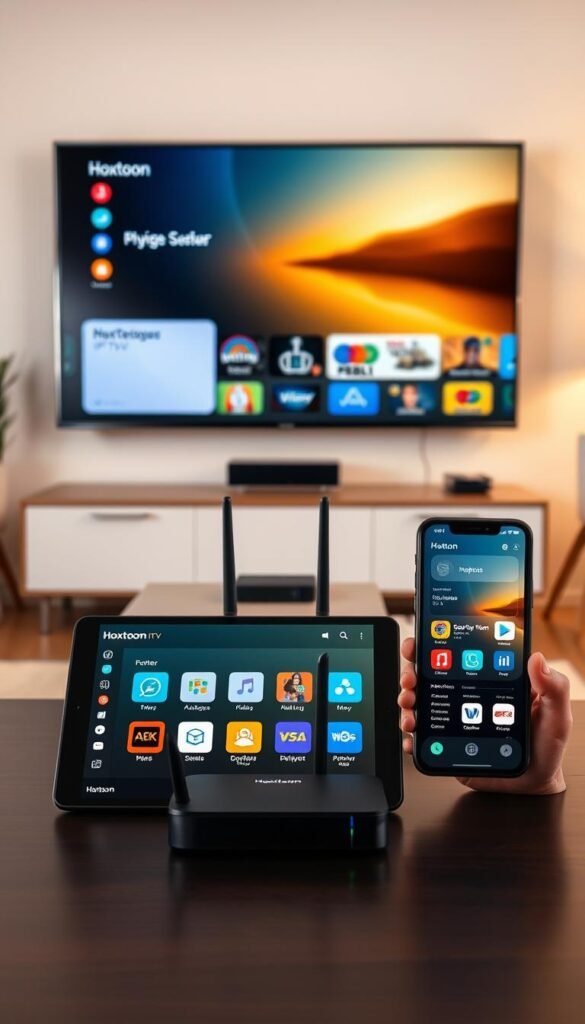 A neatly arranged still life showcasing the setup of the Hoxtoon Provider IPTV service on various devices. In the foreground, a smart TV, a tablet, and a smartphone display the Hoxtoon interface, each with a unique, intuitive layout. The middle ground features a sleek router and a streaming box, highlighting the seamless connectivity. The background depicts a cozy, minimalist living room setting, with warm lighting and neutral tones, creating a sense of domesticity and comfort. The overall composition emphasizes the versatility and user-friendliness of the Hoxtoon IPTV solution, inviting the viewer to envision their own effortless streaming experience.