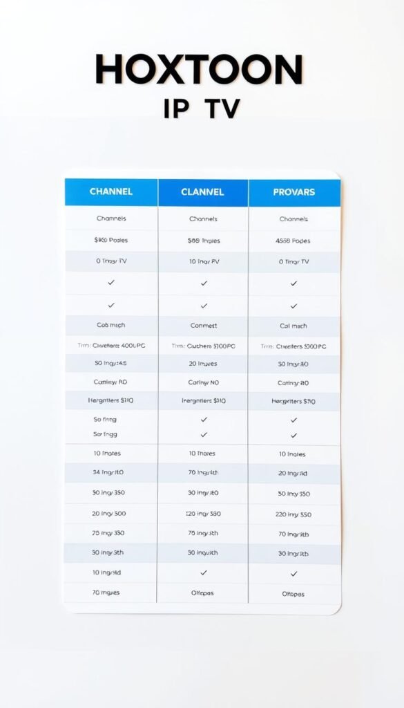A neatly arranged table showcasing the pricing plans of the Hoxtoon IPTV provider, captured in a clean, minimalist style. The table features three distinct plan options, each with a clear breakdown of the included channels, subscription duration, and associated costs. The layout is crisp and well-organized, emphasizing the key details in a visually appealing manner. The background is a soft, neutral tone, allowing the table to be the central focus. Subtle highlights and shadows give depth and dimension to the design, creating a professional and informative presentation.