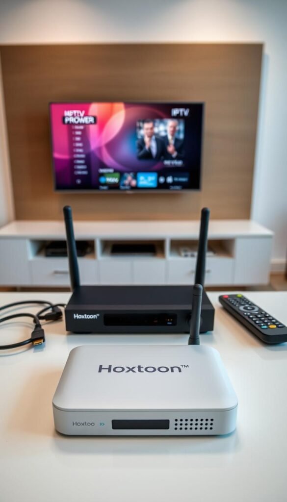 A neatly arranged tabletop featuring the essential equipment for an IPTV setup. In the foreground, a sleek Hoxtoon Provider box with its distinct branding, surrounded by a high-speed internet router, HDMI and ethernet cables, and a remote control. The middle ground showcases a modern smart TV, its screen displaying a vibrant IPTV interface. In the background, a minimalist wall-mounted media unit provides a clean, organized space for the setup. Soft, indirect lighting creates a warm, inviting atmosphere, highlighting the technological components while maintaining a sense of domestic comfort. The overall composition conveys the seamless integration of IPTV technology into a modern living space.