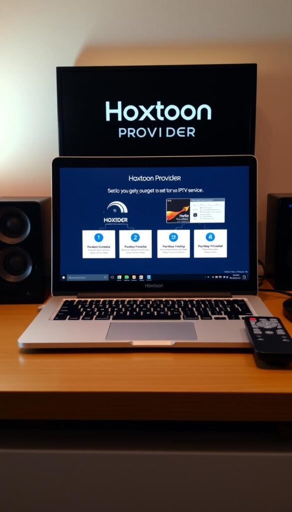 A neatly organized desktop setup, featuring a laptop or desktop computer, a sleek remote control, and a Hoxtoon Provider logo prominently displayed. The scene is bathed in warm, inviting lighting, conveying a sense of professionalism and ease of use. The laptop screen displays step-by-step instructions for setting up the IPTV service, with clear, intuitive visuals. The remote control is positioned within easy reach, suggesting the seamless integration of the Hoxtoon Provider system. The overall composition promotes a user-friendly, straightforward IPTV experience.