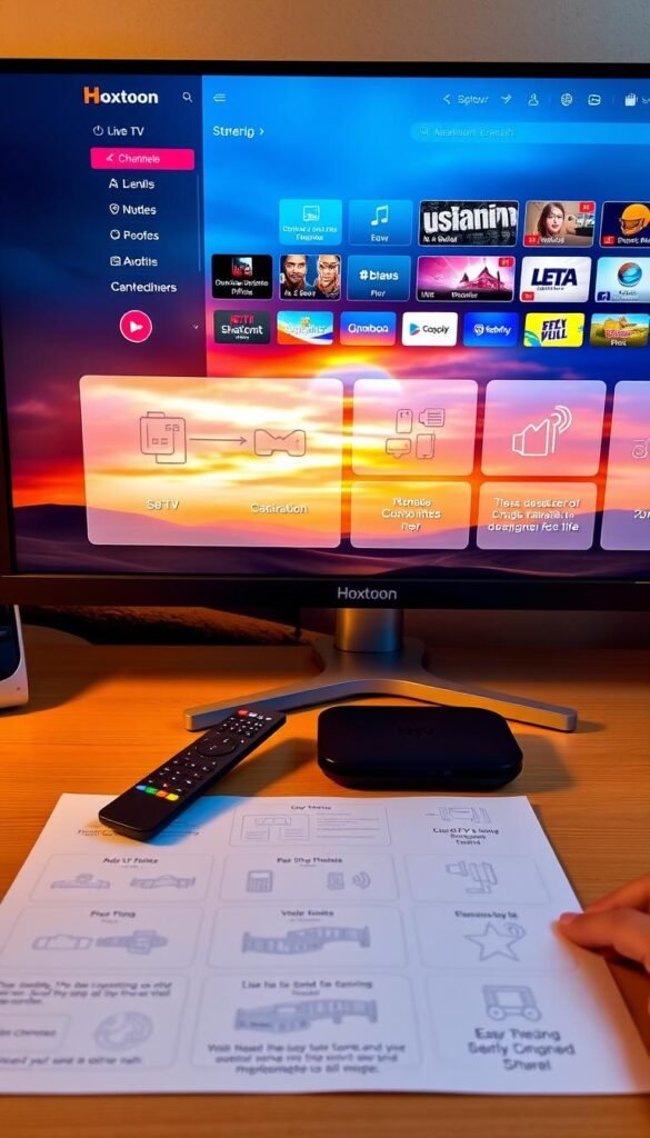 A neatly organized desktop setup showcasing the Hoxtoon Provider IPTV service interface. The screen displays a clean and intuitive dashboard with easy-to-navigate menus, live TV channels, and on-demand content. In the foreground, a sleek remote control and a modern streaming device sit atop a minimalist wooden desk, bathed in warm, soft lighting. The middle ground features technical diagrams and setup instructions, conveying a sense of user-friendly guidance. In the background, a serene landscape with rolling hills and a vibrant sunset sky creates a calming atmosphere, reflecting the hassle-free IPTV experience promised by the Hoxtoon Provider.