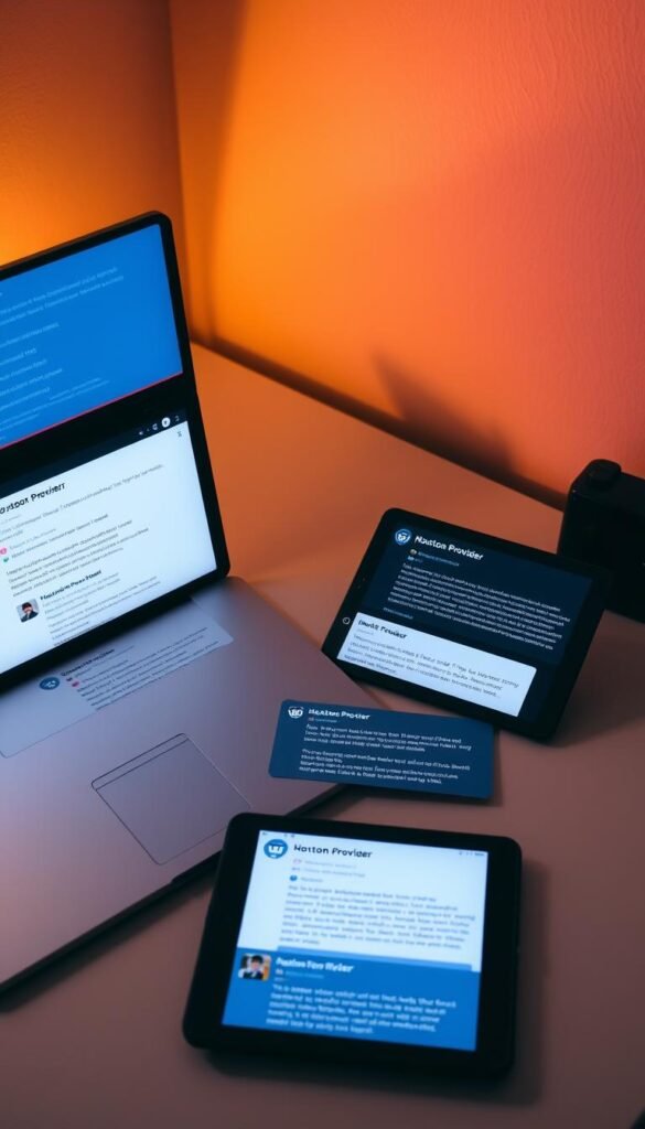 A neatly organized desktop with a laptop, smartphone, and tablet displaying reviews of the "Hoxtoon Provider" IPTV service on various Reddit threads. The scene is well-lit, with a soft, warm lighting that creates a cozy, inviting atmosphere. The devices are arranged in a visually appealing manner, showcasing the positive and negative feedback from users. The background features a subtle gradient or texture that complements the overall aesthetic. The image conveys a sense of research and informed decision-making, reflecting the comprehensive nature of the IPTV reddit reviews.