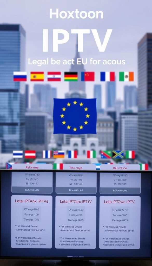 A neatly organized display of IPTV subscription offers, showcasing a range of plans and services from the Hoxtoon Provider. The foreground features a modern, sleek interface with various packages highlighted, including options for different device compatibility, channel lineups, and pricing tiers. The middle ground showcases an array of international flags, representing the global reach of the IPTV service. In the background, a blurred cityscape with high-rise buildings creates a sense of urban sophistication. The overall mood is professional, informative, and conveys the legal and compliant nature of the IPTV service across different EU countries.