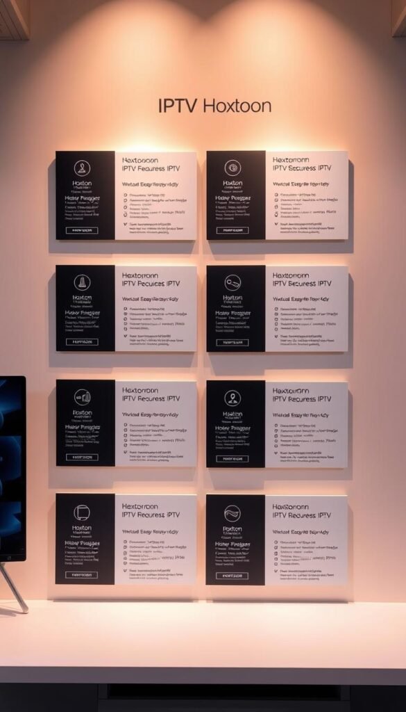 A neatly organized display of various Hoxtoon Provider IPTV subscription plans, showcasing their features and pricing in a clean, minimalist layout. The plans are presented on sleek, modern cards with clear icons and concise information, allowing the viewer to easily compare and select the most suitable option. The background features a soft, muted gradient, creating a sophisticated and professional atmosphere. Subtle lighting casts a warm, inviting glow across the scene, drawing attention to the key details of the IPTV packages.