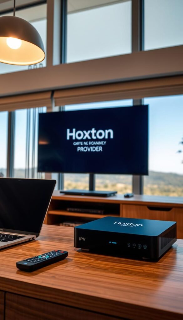 A neatly organized home entertainment setup with a sleek black IPTV box prominently displayed on a modern wooden TV stand. Beside it, a laptop and remote control create a cohesive technology arrangement. Warm overhead lighting casts a cozy glow, while large windows in the background offer a scenic view of a serene landscape. On the screen, the Hoxtoon Provider logo is prominently displayed, signifying a seamless IPTV service integration. The overall scene conveys a sense of effortless connectivity and enjoyment of digital entertainment.