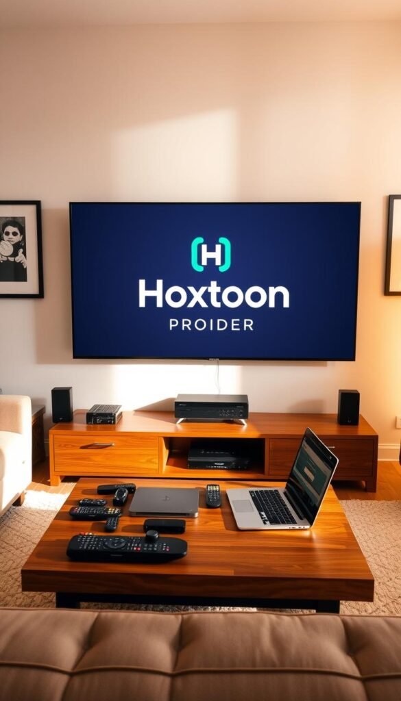 A neatly organized living room with a large TV screen displaying the Hoxtoon Provider logo, showcasing their legal IPTV service offerings in Germany. The room is bathed in warm, diffused lighting, creating a cozy and inviting atmosphere. On a wooden coffee table, there are various remote controls and a laptop, hinting at the user-friendly technology behind the service. The walls are adorned with framed art, adding a touch of sophistication to the scene. The overall impression conveys the reliability and professionalism of Hoxtoon Provider's legitimate IPTV solutions for the German market.