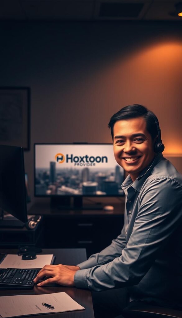 A neatly organized office space, dimly lit with warm, ambient lighting. On the desk, a sleek computer monitor displays the Hoxtoon Provider logo, alongside a headset and a neat stack of files. In the foreground, a friendly customer service representative, dressed in a crisp button-down shirt, leans forward with a welcoming expression, ready to assist an IPTV subscriber. The background features a subtle cityscape, conveying a sense of professionalism and reliability. The overall mood is one of attentive, reliable customer support for the Hoxtoon IPTV service.