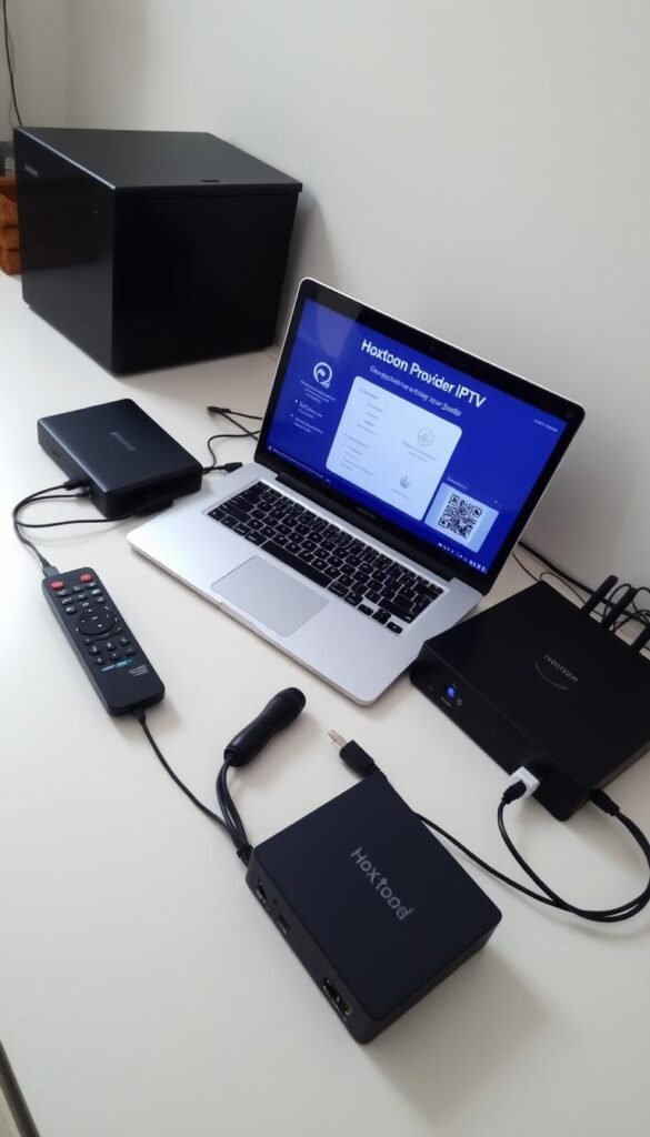 A neatly organized workspace with a laptop, remote control, and various networking devices. The laptop screen displays the Hoxtoon Provider IPTV setup guide, with clear instructions and visuals. The remote control and other devices are positioned to suggest an active setup process. The lighting is soft and diffused, creating a calm and focused atmosphere. The camera angle is slightly elevated, providing a comprehensive view of the workspace. The overall scene conveys a sense of a straightforward and efficient IPTV setup experience.