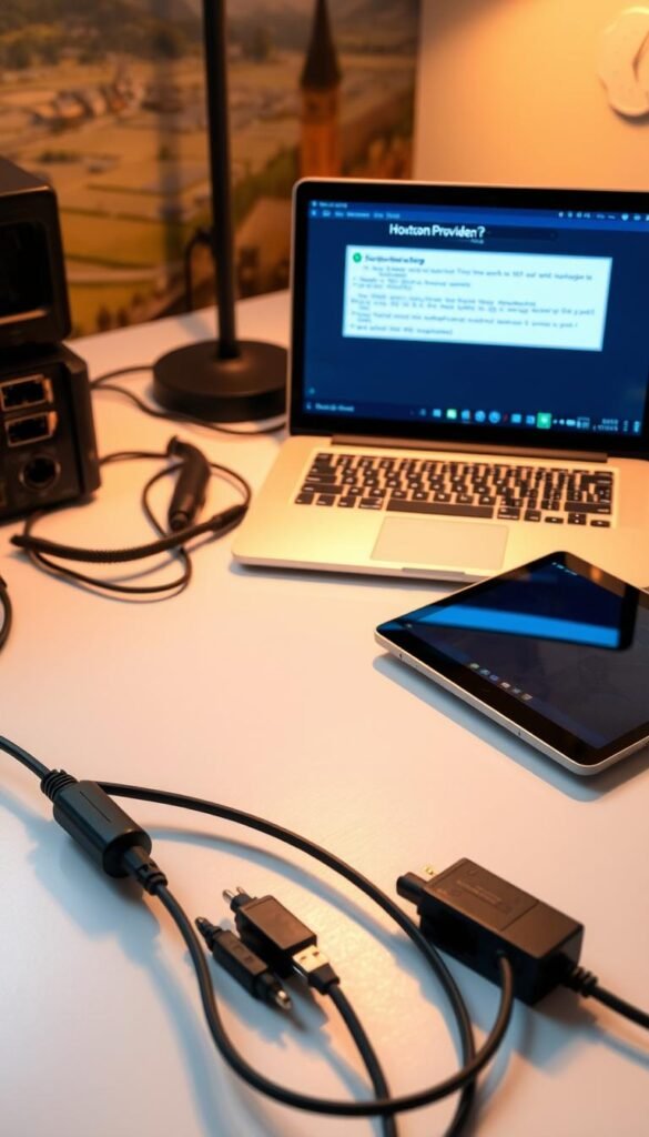 A neatly organized workspace with a laptop, tablet, and networking equipment. The laptop displays troubleshooting steps for the Hoxtoon Provider IPTV service in Switzerland, with a detailed error message on the screen. Cables and adapters are arranged on the desk, conveying a sense of technical investigation. Soft, warm lighting illuminates the scene, creating a focused and professional atmosphere. The background features a subtle Swiss landscape or architectural elements, hinting at the geographic context. The composition emphasizes the analytical and problem-solving nature of the troubleshooting process for IPTV in Switzerland.