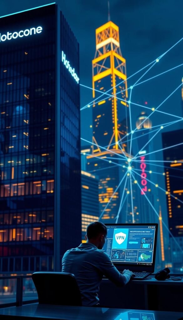 A neon-lit cityscape at night, with a sleek, modern office building in the foreground. On the building's facade, the bold text "Hoxtoon Provider" is displayed. In the middle ground, a person is sitting at a desk, their laptop screen showing a VPN connection and an IPTV interface. The background features a network of glowing data streams and lines, creating a sense of technological interconnectedness. The lighting is a mix of cool blues and warm yellows, conveying a sense of secure, high-tech efficiency.