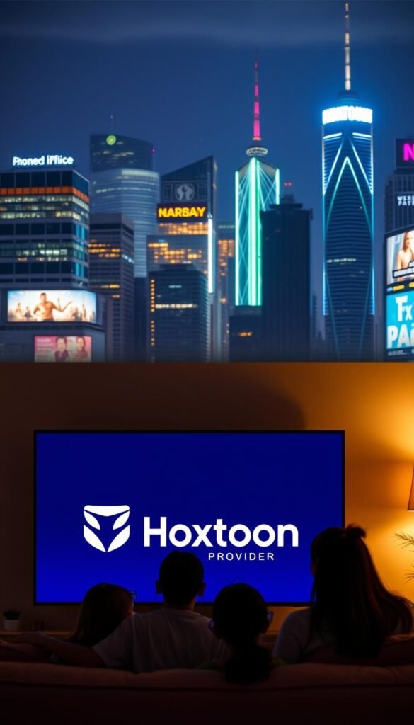 A neon-lit cityscape at night, with skyscrapers and billboards in the background. In the foreground, a cozy living room scene with a family gathered around a large flatscreen TV, enjoying a movie or show. The TV screen prominently displays the "Hoxtoon Provider" logo, indicating an affordable IPTV service. Soft, warm lighting illuminates the room, creating a comfortable and inviting atmosphere. The overall scene conveys the idea of accessible and budget-friendly IPTV options available in the market.