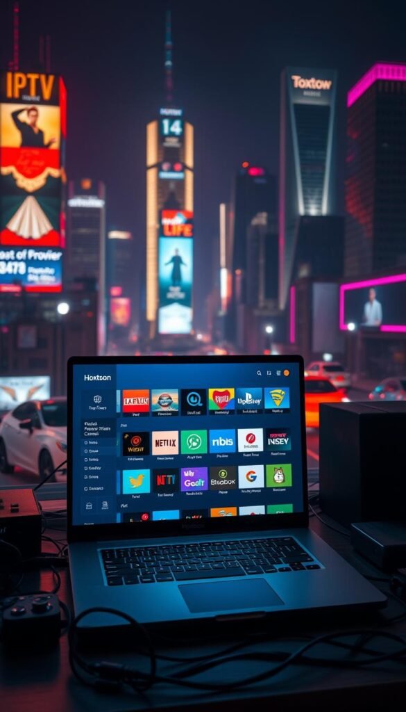 A neon-lit cityscape at night, with skyscrapers and billboards in the background. In the foreground, a laptop screen displays the Hoxtoon Provider interface, showcasing a wide selection of IPTV channels available for free streaming. The screen is surrounded by various electronic devices, cables, and a sleek, minimalist desk setup. The lighting is warm and moody, creating a sense of both technological advancement and the cozy comfort of a home workspace. The overall atmosphere conveys the idea of unlimited entertainment and the freedom to access a vast library of content without restrictions.