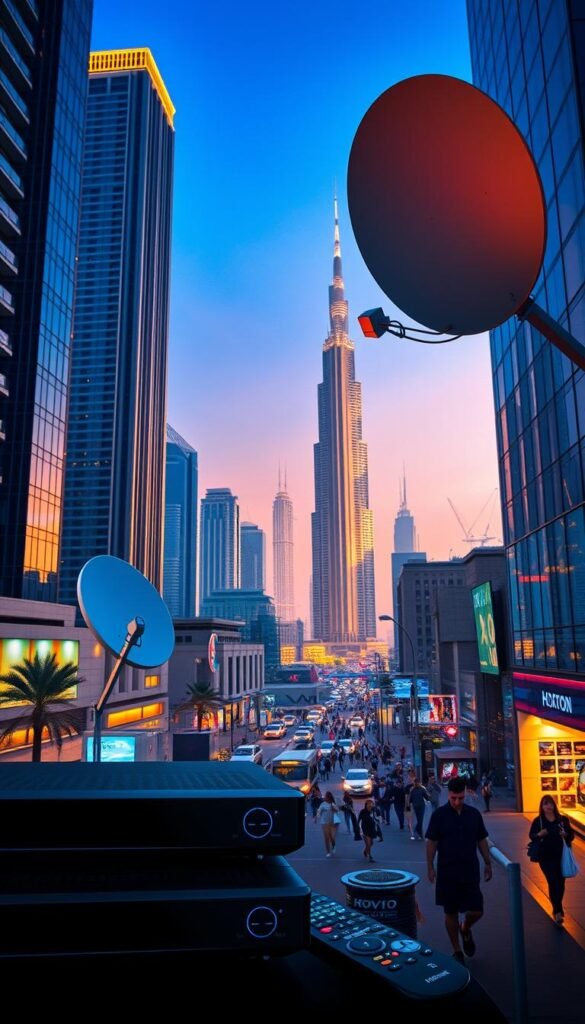 A neon-lit cityscape of Dubai's skyscrapers, with a focus on the centralized satellite dishes and antennas of the Hoxtoon Provider IPTV service. The foreground showcases the advanced technology, including sleek, modern receivers and remote controls. The middle ground features a bustling city street, with people hurrying by, immersed in their digital experiences. The background is a panoramic view of the iconic Dubai skyline, bathed in warm, golden light, creating a sense of technological sophistication and urban dynamism.