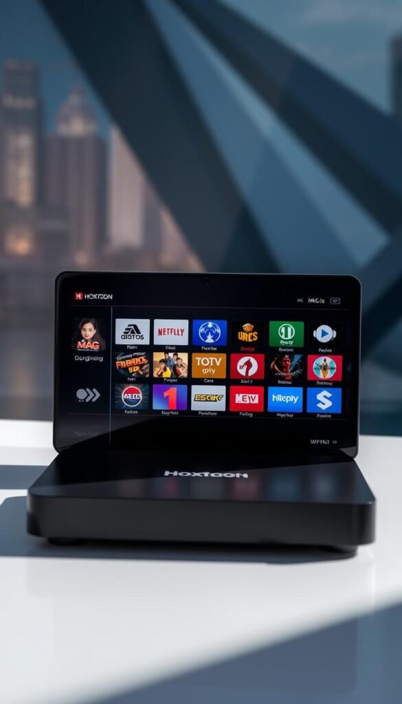 A premium MAG box IPTV service, from the Hoxtoon Provider, displayed on a sleek, modern black device. The UI features vibrant, high-definition channel icons against a minimalist, dark interface. Soft, directional lighting illuminates the MAG box, casting subtle shadows that add depth and dimension. The scene conveys a sense of quality, technology, and a premium IPTV experience tailored for the MAG platform. In the background, a blurred cityscape or abstract geometric pattern creates an urban, futuristic atmosphere, complementing the sophisticated, high-end nature of the service.