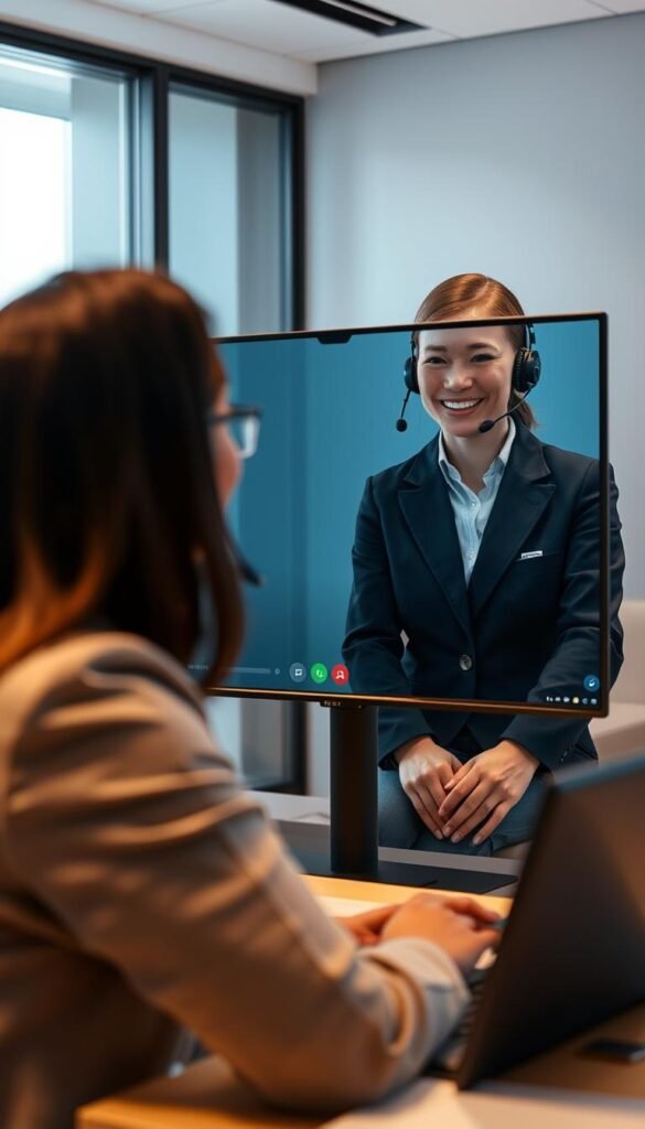 A professional customer service representative assisting a customer on a video call, set against a modern and minimalist office backdrop. The representative has a friendly demeanor and is wearing a headset, conveying attentive and responsive customer support from the "Hoxtoon Provider" IPTV service. The lighting is soft and warm, creating a welcoming atmosphere. The camera angle is slightly elevated, capturing the interaction from an optimal perspective. The overall scene suggests a positive and efficient customer service experience.