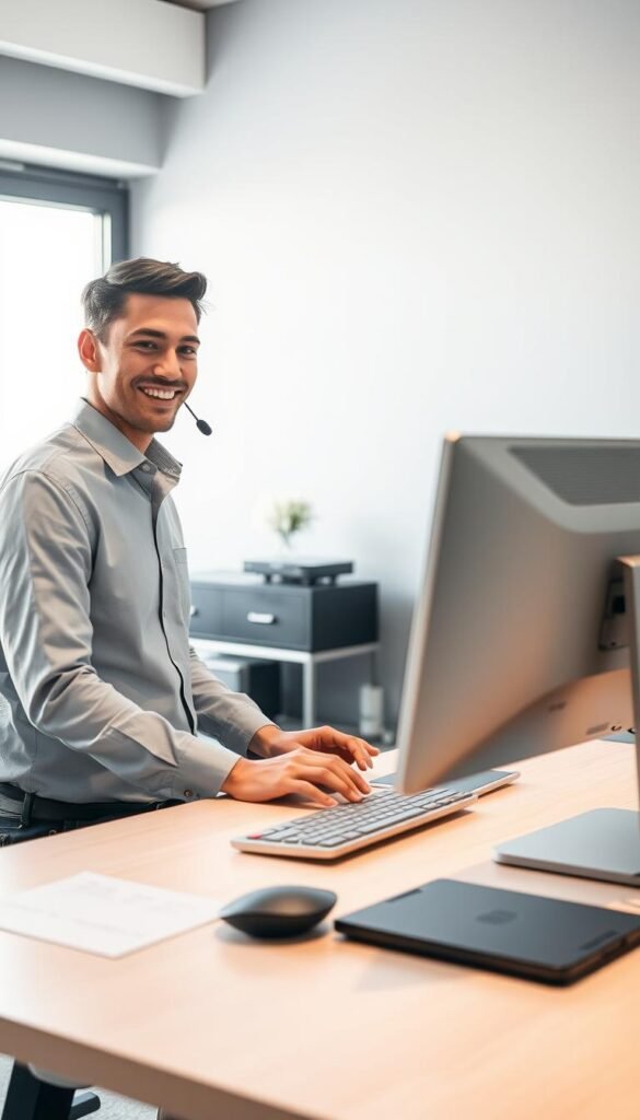 A professional customer service representative assisting an IPTV subscriber at a modern office desk. The representative is dressed in a crisp, collared shirt and wearing a friendly, attentive expression. The desk is neatly organized with a computer monitor, keyboard, and discreet Hoxtoon Provider branding. Soft, directional lighting from a window illuminates the scene, creating a warm, inviting atmosphere. The background features a minimalist, contemporary office setting with subtle gray tones and clean lines, conveying a sense of efficiency and reliability.