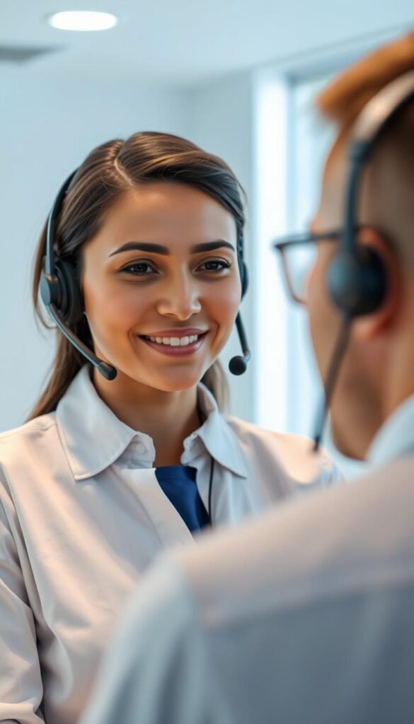 A professional, empathetic support agent of the Hoxtoon Provider IPTV service stands ready to assist a customer over a video call. The agent's face is warm and reassuring, framed by a well-lit, modern office setting. Soft lighting creates a calming atmosphere, while discreet technology in the background suggests reliable infrastructure. The customer's expression conveys cautious optimism as they discuss their service experience. An air of collaboration and mutual understanding permeates the scene, reflecting Hoxtoon's commitment to quality customer care.
