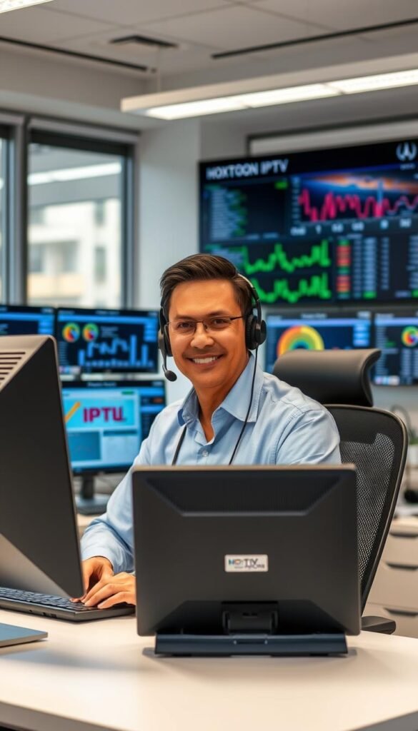 A professional, knowledgeable customer service agent from the Hoxtoon Provider IPTV service seated at a modern, well-equipped desk, surrounded by state-of-the-art monitoring equipment and customer data displays. The agent's expression is one of calm competence, ready to assist customers with any issues or inquiries. The office environment is bright and airy, with large windows letting in natural light. The overall scene conveys a sense of efficiency, reliability, and a commitment to customer satisfaction.