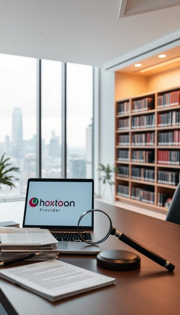 A professional, modern office setting with a minimalist, clean aesthetic. In the foreground, a desk with a laptop displaying the Hoxtoon Provider logo, surrounded by legal documents and a magnifying glass, symbolizing the careful legal considerations for IPTV services. In the middle ground, bookshelves filled with legal volumes, casting a warm, focused lighting across the scene. The background features large windows overlooking a bustling city skyline, suggesting the broader business and regulatory environment. The overall mood is one of thoughtful, diligent analysis of the legal landscape for IPTV providers.